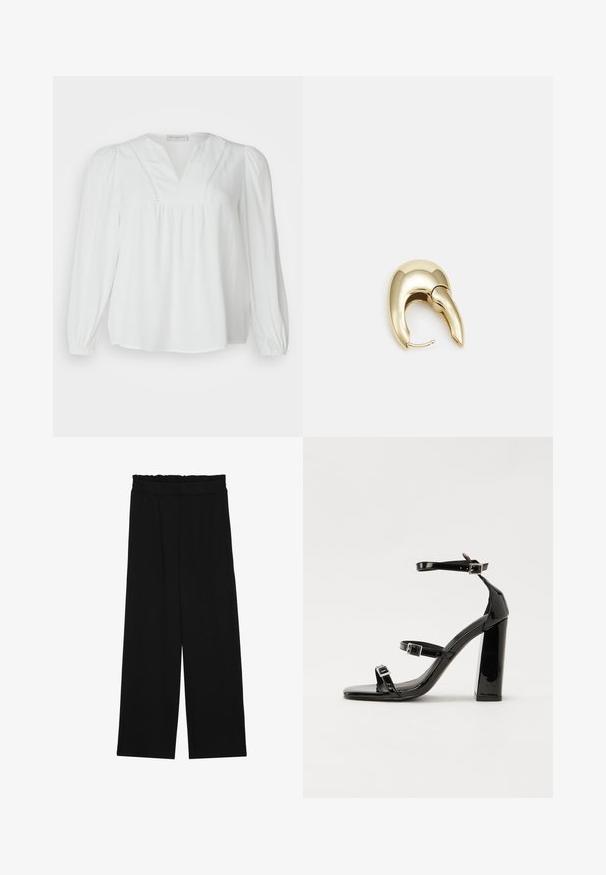 Biela blúzka s výstrihom do V, plisovaným telom a dlhými rukávmi. Vyrobená z ľahkého materiálu s jemným dekoračným švom pozdĺž výstrihu.; Čierne široké nohavice s volánovým pásom, obsahujúce dve bočné vrecká a hladký, ľahký materiál. Žiadne viditeľné vzory ani kovové príslušenstvo.; Čierne lakované sandále na podpätku so štvorcovou špičkou, navlečenými remienkami okolo členku a striebornými prackami. Disponujú masívnym blokovým podpätkom pre stabilitu.; Náušnice z kovu v zlatej farbe s elegantným, zakriveným dizajnom. Majú charakteristický špicatý tvar, leštený povrch a uzáver na pánt.