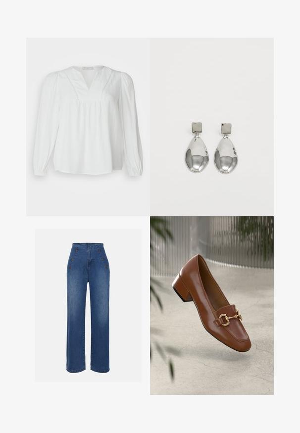 White blouse with a v-neckline, pleated bodice, and long sleeves. Made from a lightweight fabric with subtle decorative stitching along the neckline.; High-waisted denim jeans in medium blue. Features front button accents and wide-leg design. Fabric has a smooth texture with slight fading.; Brown patent leather loafer with square toe, metallic chain accent, and low block heel; smooth texture, minimalist design.; Silver drop earrings with a square stud, featuring a smooth, polished finish and a teardrop shape, reflecting light with a glossy surface.
