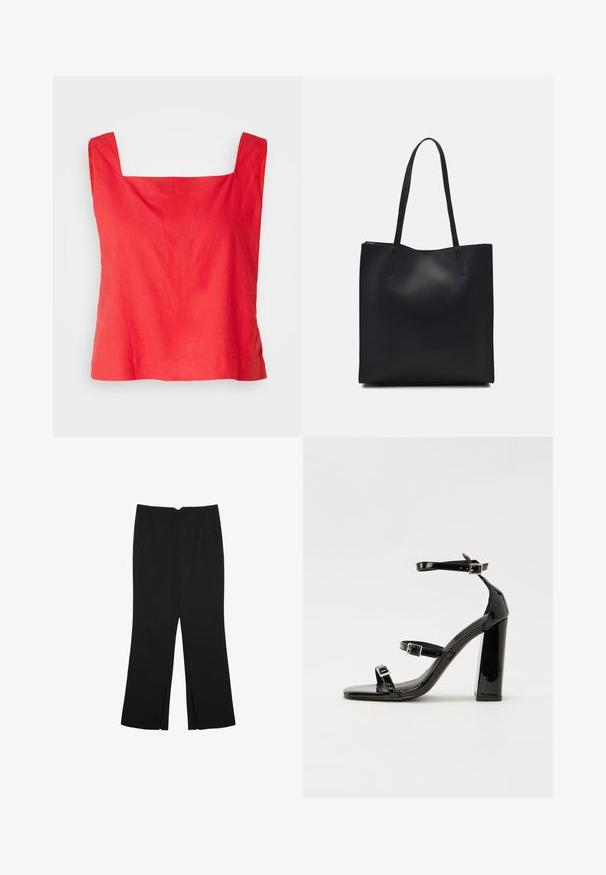 Rotes Top mit quadratischem Ausschnitt aus leichtem Stoff, featuring breite Träger und einen geraden Saum. Glatte Textur mit minimalistischer Gestaltung.; Schwarze Hose mit geradem Schnitt, ausgestattet mit Fronttaschen und Seitenschlitzen am Saum. Hergestellt aus weichem, glattem Stoff. Geeignet für verschiedene Anlässe.; Schwarze patentierte Sandalen mit Absatz, quadratischer Spitze, Knöchelriemen und silbernen Schnallen. Mit einem stabilen Blockabsatz für mehr Stabilität.; Schwarze Laptoptasche aus Leder mit glatter Textur, rechteckiger Form und zwei langen Griffen. Keine sichtbaren Beschläge oder Verzierungen.
