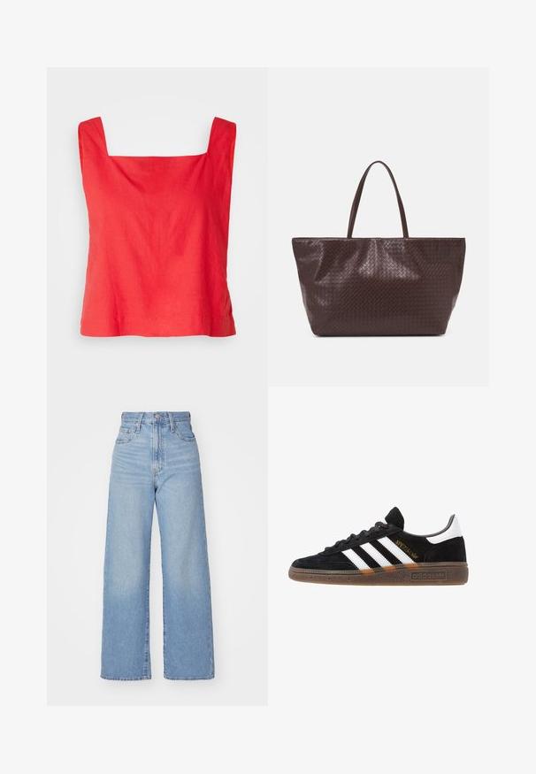 Top de tirantes con escote cuadrado en rojo, confeccionado en tejido ligero, con tirantes anchos y dobladillo recto. Textura suave con un diseño mínimo.; Jeans de tiro alto y pernera ancha en azul claro, con cierre frontal de botón y cremallera, y bolsillos delantero y trasero, sobre un fondo blanco.; Zapatilla negra de Adidas con franjas blancas, texto dorado "Spezial", suela de goma y talón blanco, mostrada en vista lateral.; Bolso tote de cuero trenzado marrón con dos asas, de forma estructurada y superficie texturizada, con un patrón de diamantes en todo su diseño.