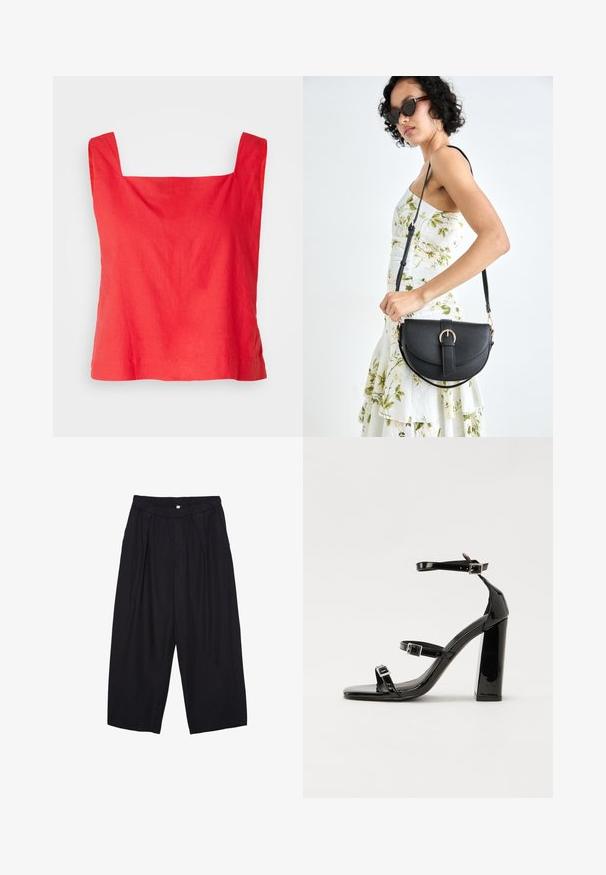 Rode tanktop met vierkante hals gemaakt van lichtgewicht stof, met brede schouderbanden en een rechte zoom. Gladde textuur met een minimalistisch ontwerp.; Zwarte polyester culottes met een elastische tailleband, twee voorkreukels en een losse pasvorm. Geen zichtbare patronen of hardware-details.; Zwarte gepatenteerde sandalen met hak en een vierkante neus, enkelbandjes en zilveren gespen. Heeft een stevige blokhak voor stabiliteit.; Zwarte leren handtas met een gebogen vorm, afneembare schouderband en gouden hardware. De tas heeft een klep met een gespsluiting.
