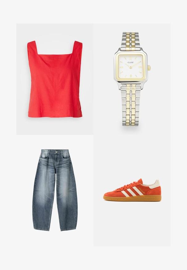 Červený top s čtvercovým výstřihem vyrobený z lehkého materiálu, s širokými ramínky a rovný lem. Hladká textura s minimálním designem.; Džínsy s širokými nohavicemi vyrobené z světle modrého denimového materiálu s vybledlým vzhledem, s pěti kapsami, zapínáním na knoflík a minimálními stehy.; Oranžové semišové tenisky s bílými koženými detaily, s třemi bílými pruhy a gumovou podrážkou. Logo "Spezial" na jazyku.; Čtvercové hodinky Cluse s bílým ciferníkem, zlatými a stříbrnými akcenty a bi-metalovým páskem s střídavými zlatými a stříbrnými články.