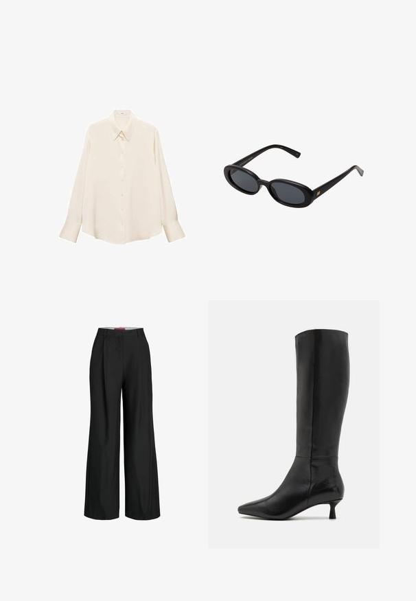 Cremefarvet skjorte med knapper i glat stof, med klassisk krave, lange ærmer og lige kant med en afslappet pasform.; Sorte vidde bukser med et skræddersyet design, der har plisseringer og en glat stofstruktur. Rene linjer uden synlig hardware eller accenter.; Zign Høje støvler/ Støvler - black; Store store