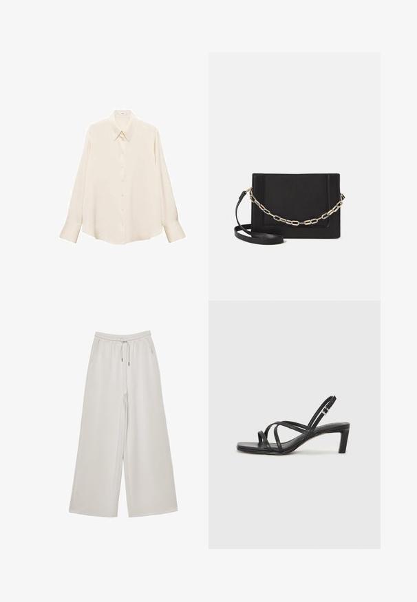 Cremfarbendes Hemd mit Knopfleiste aus glattem Stoff, mit klassischem Kragen, langen Ärmeln und geradem Saum in lässiger Passform.; Helle graue weit geschnittene Hose aus weichem Stoff mit elastischem Bund, verstellbarem Kordelzug und seitlichen Taschen. Weiche Textur über das gesamte Material.; Schwarze Sandale mit Riemchen, quadratischer Zehenform und niedrigem Blockabsatz. Verfügt über mehrere dünne Riemen und einen verstellbaren Knöchelriemen. Hergestellt aus glattem Leder.; Schwarze Leder-Crossbody-Tasche mit glatter Textur, rechteckiger Form und metallic-kettendetail auf der Vorderseite. Verstellbarer Gurt inklusive.