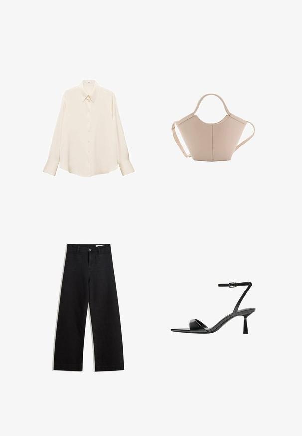 Cremfarbendes Hemd mit Knopfleiste aus glattem Stoff, mit klassischem Kragen, langen Ärmeln und geradem Saum in lässiger Passform.; Schwarze weit geschnittene Jeans mit hoher Taille, ausgestattet mit Vorder- und Hintertaschen, gesteppten Nähten und einem Knopfverschluss. Glatte Textur.; Bershka High Heel Sandalette - black; Beige Lederhandtasche mit einer einzigartigen Form, die zwei kurze Henkel und einen langen verstellbaren Riemen aufweist. Glatte Textur mit minimalen Hardware-Elementen.
