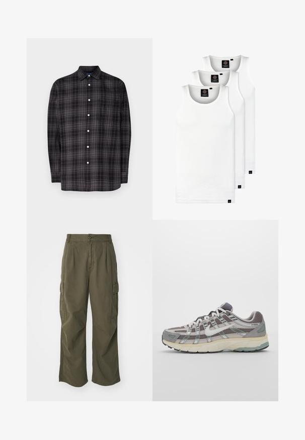 Skjorte med knapper i sort og gråt ternet mønster, lange ærmer, krave, en enkelt brystlomme og hvide knapper. Fremstillet af letvægtsstof.; Tre hvide ribbede tanktops lavet af bomuld. Har en rund hals og små sorte mærker nær sømmen. Fås i flere størrelser.; Cargo bukser i olivengrøn, lavet af bomuld, med et bredt ben design, læg og sidelommer til praktisk anvendelse.; Grå sportssko med overdel i mesh og ruskind, hvide accenter, en polstret sål og et særpræget design med reflekterende elementer.
