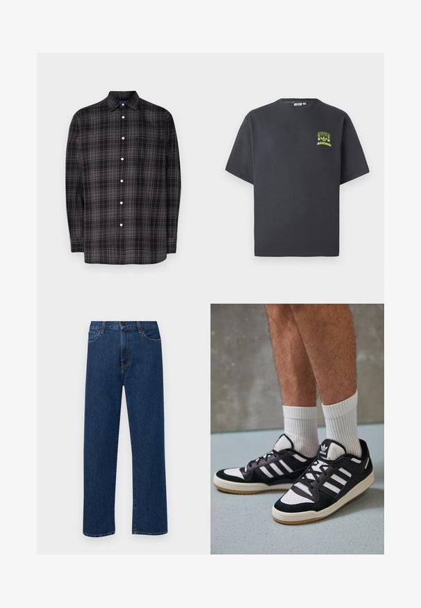 Kammelise, musta ja halli ruuduline muster, pika varrukaga, krae, ühe rindkoti taskuga ja valgete nööpidega. Valmistatud kergetest materjalidest.; Söe phühaline Adidas T-särk, lühikeste varrukatega, tumesüsinest värvi, vasakul rinnal on väike helesinine graafiline kujutis kõlaritest, päikesest ja Adidas'i logost.; Tumedat sinised sirged teksapüksid esikottide ja nupuklõpsuga, esitatud helesinisel taustal.; Mustvalged ja valged spordijalatsid, mille pealmine osa on valmistatud suede'ist ja nahast. Kingadel on kolm valget riba, auguline varvas ja kummist tald.