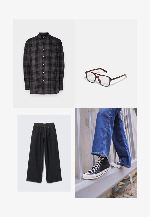 Camicia button-up a scacchi nera e grigia, maniche lunghe, colletto, taschino sul petto e bottoni bianchi. Realizzata in tessuto leggero.; Jeans ampi di colore blu scuro con pieghe anteriori, tasche inclinate, passanti per cintura e chiusura con bottone in vita etichettata "WEEKDAY."; Scarpe da ginnastica nere alte con suola e lacci bianchi, abbinate a jeans di denim blu larghi, appoggiate su un parapetto grigio.; Occhiali tartarugati con lenti rettangolari, montatura nera e arancione, caratterizzati da una finitura lucida e aste sottili.