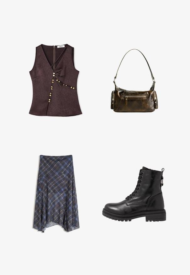 Haut sans manches marron avec un décolleté en V, doté d'un tissu texturé et de boutons décoratifs en métal doré le long d'une couture diagonale. Fermeture éclair dans le dos.; Jupe écossaise noire présentant des lignes bleues et brunes, d'un design fluide, de longueur mi-mollet, fabriquée en tissu léger avec une texture lisse.; Bottine en cuir noir avec bout arrondi, devant à lacets et semelle en caoutchouc texturé. Comprend une languette au dos et des coutures renforcées.; Sac à main en cuir marron avec une forme courbée, matériel en argent et deux poches zippées à l'avant. Bandoulière réglable incluse.