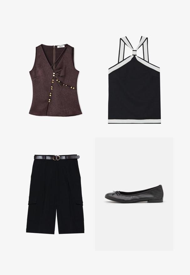 Brown sleeveless top with a V-neck, featuring a textured fabric and decorative gold-tone buttons along a diagonal seam. Back zip closure.; Black halter top with white accents, featuring a knotted back design, a textured finish, and a fitted silhouette. Simple and modern.; Black cargo shorts made from lightweight fabric, featuring a straight cut, side pockets, and a brown leather belt with a silver buckle.; Tamaris Ballet pumps - black