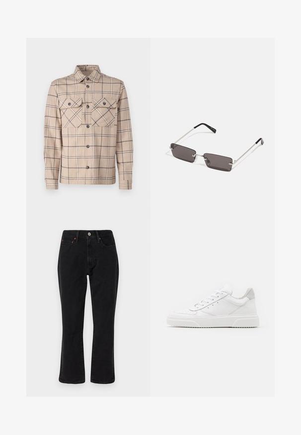 Giacca camicia a scacchi beige realizzata in tessuto, con due tasche sul petto, chiusura a bottoni e accenti scuri in un motivo a griglia.; Jeans in denim nero con una vestibilità a gamba dritta, stile a cinque tasche e accessori in metallo con dettagli in rame. Texture liscia e vita media.; Sneaker bianche in pelle con finitura liscia, punta arrotondata, lacci piatti e suola texturizzata. Accento in suede grigio sul tallone.; Occhiali da sole con lenti rettangolari di colore grigio scuro, montatura in metallo argentato e punte nere in plastica sulle asticelle. Design leggero con cuscinetti per il naso.