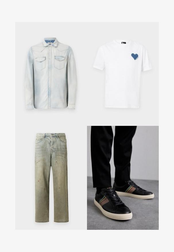 Világoskék farmering hosszú ujjakkal, hegyes gallérral és elülső zsebekkel. Fakult mosást és kontrasztos varrást tartalmaz.; Fehér pamut póló, bal mellrészen kék farmer szív alkalmazással. Rövid ujjak és klasszikus kerek nyak.; Fakó zöld, kopott farmerszadrág, egyenes lábbal, ötk zsebes kialakítással, egyenetlen kopással és festékcseppekkel.; Fekete bőr sportcipők színes csíkozással, kerek orral és fehér gumitalppal, fűzős kialakítással és dombornyomott logóval.