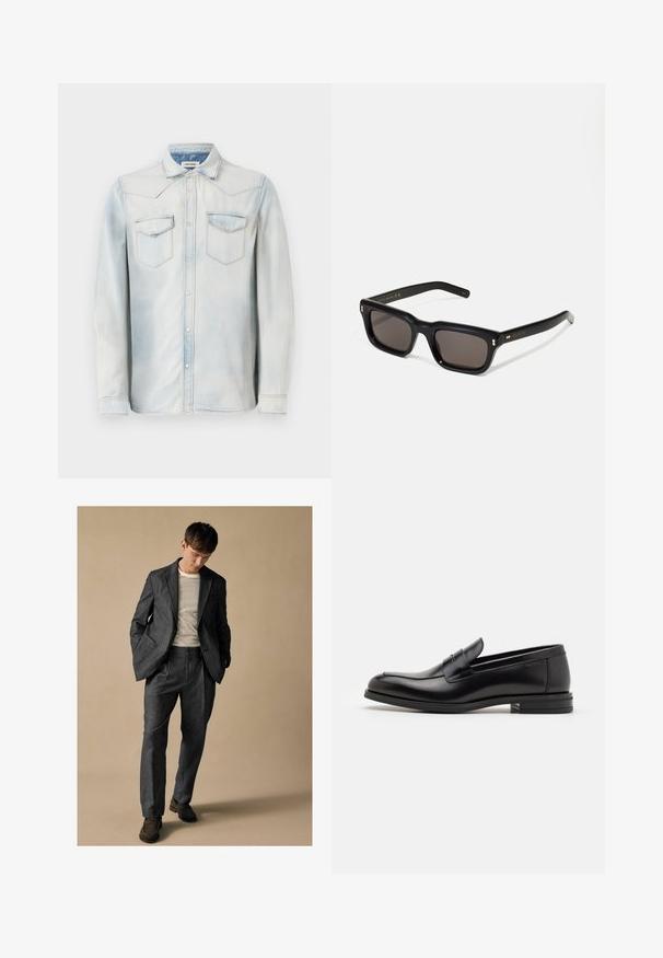 Jasnoniebieska koszula dżinsowa z długimi rękawami, spiczastym kołnierzykiem i kieszeniami z przodu. Posiada wyblakły odcień i kontrastowe szwy.; Szary dobrze dopasowany garnitur z klapami w kształcie notcha i przednimi kieszeniami, zestawiony z koszulą w paski. Spodnie mają luźny krój i detal w postaci zakładki. Brązowe buty.; Czarne skórzane mokasyny o gładkiej fakturze, zaokrąglonym nosku i dekoracyjnym pasku na przodzie. Niski, warstwowy obcas, minimalistyczny design.; Czarne prostokątne okulary przeciwsłoneczne z ciemnymi soczewkami, grubą plastikową oprawą, złotymi akcentami na zausznikach oraz wygrawerowanym logo marki na ramieniu.