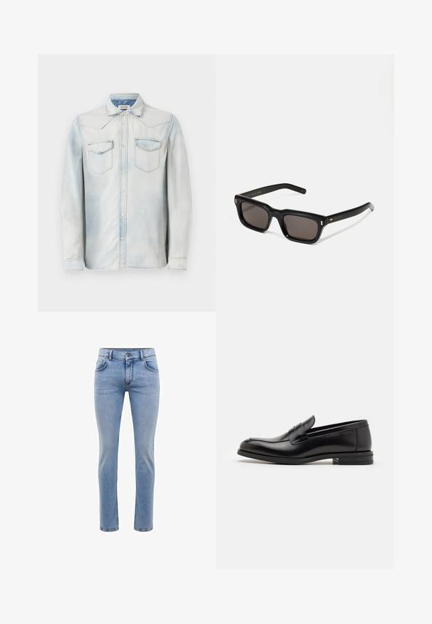 Camicia di denim azzurro chiaro con maniche lunghe, colletto a punta e tasche frontali. Presenta un lavaggio sbiadito e cuciture a contrasto.; Jeans in denim blu chiaro con vestibilità slim, cinque tasche e design a gamba dritta. Presenta un'apertura con zip e passanti per cintura. Texture morbida.; Mocassini neri in pelle con una texture liscia, punta arrotondata e una striscia decorativa sulla tomaia. Tacco basso impilato, design minimalista.; Occhiali da sole neri rettangolari con lenti scure, montatura spessa in plastica, dettagli dorati sulle tempie e logo del marchio inciso sull'asta.