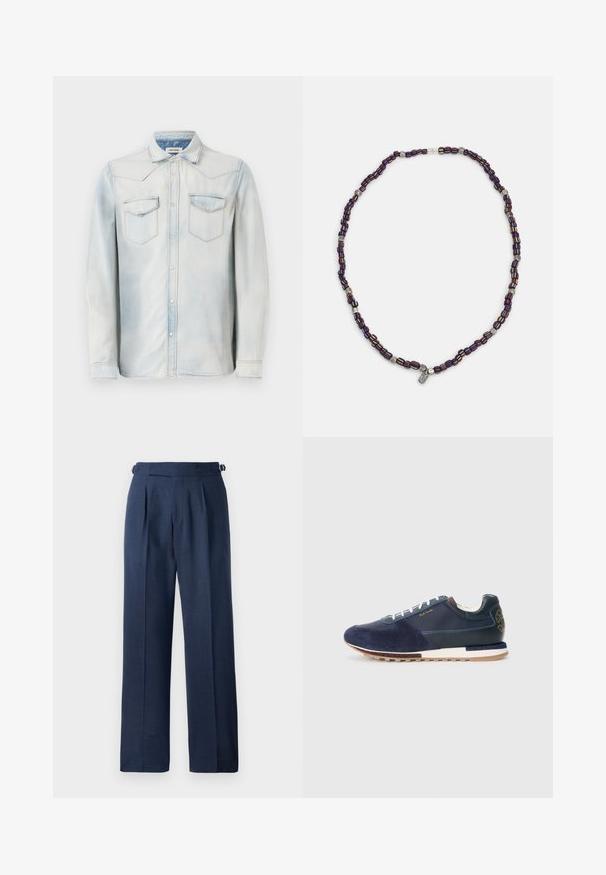 Hele sinine teksariiem, pikkade varrukatega, terava krae ja ees olevate taskutega. Omab kulunud viimistlust ja kontrastset õmblust.; Tumed sinise värviga kohandatud püksid, mis on valmistatud tekstureeritud kangast, kõrge talje, kortsude ja kohandatavate külgrihmadega sobivuse tagamiseks.; Tumed sinine samet- ja nahknikerdus valgete paeltega, tekstureeritud tallaga ning pruuni aktsendiga taga, kus on logo detail.; Mitmevärviline helmedega kaelakee, kus on tume sinised, punased ja kollased helmed, mille vahel on hõbedased aksessuaarid ja rippuv ripats.