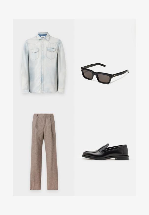 Vaaleansininen farkkupaita, jossa on pitkät hihat, terävä kaulus ja etutaskut. Sen ominaisuuksiin kuuluu haalistunut pesu ja kontrastiväriset ompeleet.; Ruskejat, korkeavyötäröiset housut, jotka on valmistettu teksturoidusta kankaasta. Ominaisuuksina ovat leveät lahkeet ja kaksi etupuolelle ommeltua laskosta rakenteen tukemiseksi. Siisti viimeistely ilman näkyvää metalliosaa.; Mustat nahkakengät, joissa on sileä pinta, pyöreä kärki ja koristeellinen nauha jalkapöydän yli. Matala pinoitu koroke, minimalistinen muotoilu.; Mustat suorakulmaiset aurinkolasit tummilla linsseillä, paksu muovikehys, kultaiset korostukset temppeleissä ja brändin logo kaiverrettuna varteen.