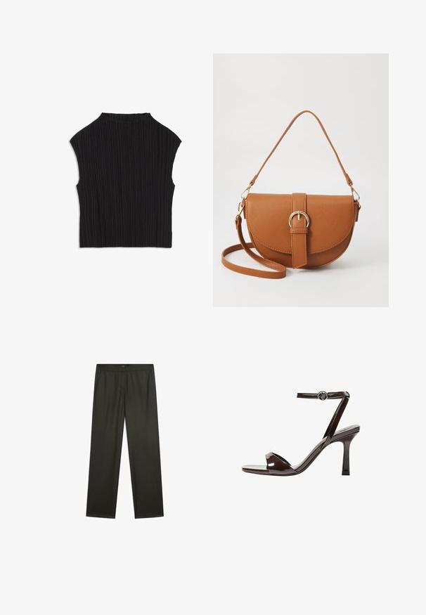 Czarna bluzka z plisowaniem, bez rękawów, okrągłym dekoltem i pionową fakturą materiału. Gładki materiał o usztywnionej sylwetce.; Ciemnozielone, szerokie spodnie o gładkiej fakturze, z elastycznym paskiem w talii i bocznymi kieszeniami. Prosty fason bez widocznych wzorów ani okuć.; Brązowe lakierowane skórzane sandały na wysokim obcasie z paskiem wokół kostki, otwartym noskiem i eleganckim, minimalistycznym designem. Posiadają kwadratowy obcas.; Brązowa skórzana torba na ramię o zaokrąglonym kształcie, ze złotymi akcentami i zapięciem w formie klamry. Posiada odpinany pasek na ramię.