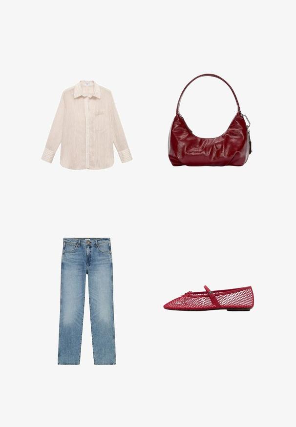 Striped long-sleeve shirt in cream with thin red lines, button-down front, pointed collar, and single chest pocket. Soft fabric texture.; White ribbed tank top with a scoop neckline and wide straps. Soft fabric texture and stitched hems. Simple, fitted design.; Light blue denim jeans with a straight leg design, featuring five pockets, a button fly, and subtle fading on the front.; Red mesh ballet flats with a pointed toe, featuring a thin strap and buckle detail. The upper has an open, honeycomb pattern.; Burgundy shoulder bag made of glossy material, featuring a curved shape and gathered texture. A short handle and visible zipper closure are present.