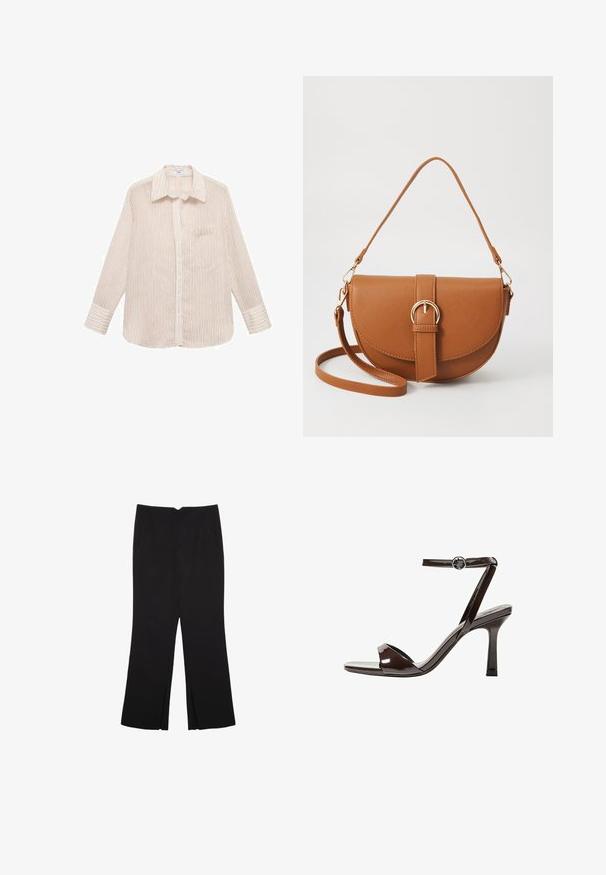 Gestreiftes Langarmhemd in Creme mit dünnen roten Linien, Knopfleiste, spitzem Kragen und einer einzelnen Brusttasche. Weiche Stofftextur.; Schwarze Hose mit geradem Schnitt, ausgestattet mit Fronttaschen und Seitenschlitzen am Saum. Hergestellt aus weichem, glattem Stoff. Geeignet für verschiedene Anlässe.; Braune Lackleder-High-Heelsandale mit einem Knöchelriemen, offener Zehenpartie und einem schlanken, minimalistischen Design. Verfügt über einen quadratischen Absatz.; Braune Leder-Crossbody-Tasche mit geschwungener Form, goldfarbenen Beschlägen und einer Schnallenakzentuierung. Verfügt über einen abnehmbaren Schultergurt.