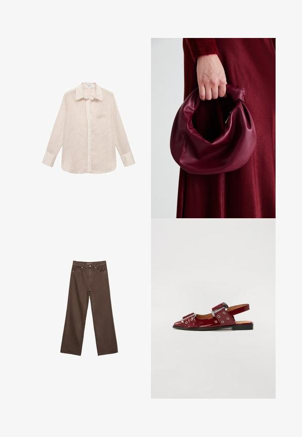 Gestreiftes Langarmhemd in Creme mit dünnen roten Linien, Knopfleiste, spitzem Kragen und einer einzelnen Brusttasche. Weiche Stofftextur.; Weite braune Jeans aus Denim, mit hoher Taille, Fronttaschen und klassischem Knopfverschluss. Glatte Textur mit feinen Nähten.; Burgunderfarbene Lackleder-Slingbacks mit spitzer Zehe, ausgestattet mit zwei verstellbaren Riemen mit Schnallen und silberfarbenen Akzenten.; Burgunderleder-Handtasche mit einem weichen, gerafften Design und einer gerundeten Form. Der Griff ist gesichert und zeigt eine glatte Textur.