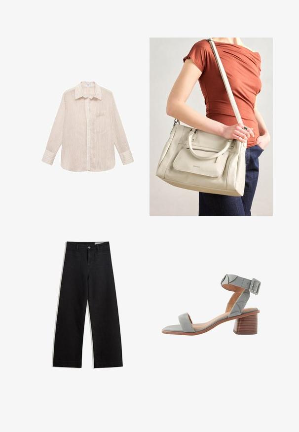 Cămașă cu mânecă lungă în dungi, crem cu linii subțiri roșii, guler ascuțit, deschidere cu nasturi și un singur buzunar pe piept. Textură de țesătură moale.; Pantaloni din denim negri cu picioare largi, cu talie înaltă, având buzunare frontale și posterioare, cusături dublate și închidere cu nasture. Textură netedă.; Next FOREVER COMFORTREGULAR FIT - Sandale - blue; Geantă din piele albă cu mânere duble și o curea detasabilă, având o buzunare frontal cu fermoar și o textură netedă. Purtați-o pe brațul unei persoane.