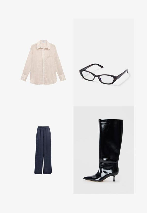 Striped long-sleeve shirt in cream with thin red lines, button-down front, pointed collar, and single chest pocket. Soft fabric texture.; Navy wide-leg trousers made of smooth fabric with an elastic waistband and no visible hardware. Features a relaxed fit and full-length design.; Knee-high black leather boot with a glossy finish, pointed toe, and a slender heel. Smooth texture with minimal design details.; Cat-eye eyeglasses with a glossy dark tortoiseshell plastic frame, featuring curved arms and clear lenses. Minimal branding on the side.