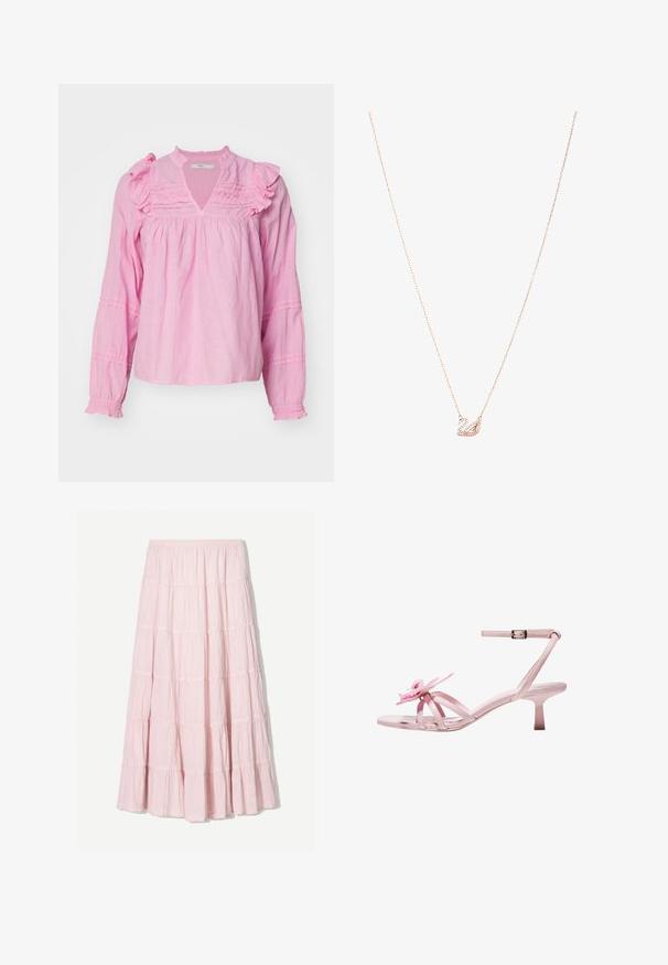Blusa rosa a maniche lunghe con accenti a volant, scollatura a V e dettagli arricciati sulle maniche, realizzata in tessuto morbido e leggero.; Top giallo senza spalline con corpetto arricciato, caratterizzato da volant sovrapposti. Realizzato in tessuto leggero con una consistenza morbida. Si annoda al collo.; Gonna maxi a strati color rosa chiaro, realizzata in un tessuto leggero e testurizzato. Vita elastica e orlo fluente con dettagli arricciati.; Sandali con tacco in vernice rosa con un accento floreale sulla punta, dotati di cinturino alla caviglia regolabile e tacco sottile e corto.; Collana in oro rosa con pendente a forma di cigno, ornato con cristalli chiari. La catena presenta un delicato design a maglia.