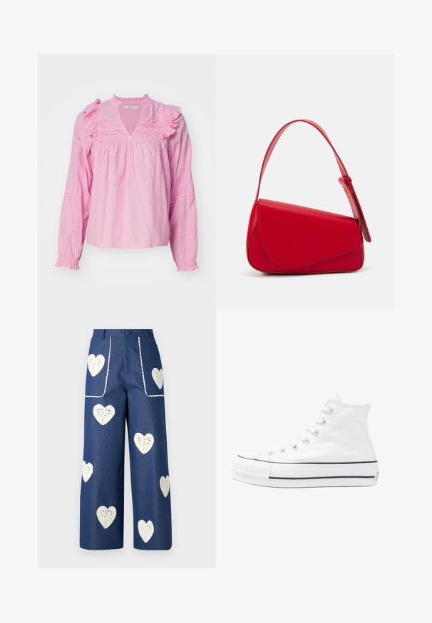 Blusa rosa a maniche lunghe con accenti a volant, scollatura a V e dettagli arricciati sulle maniche, realizzata in tessuto morbido e leggero.; Sister Jane HEART TO HEART - Jeans a sigaretta - blue denim; Sneaker alta in tela bianca con suola in gomma nera, punta in gomma frontale e sei asole per i lacci, caratterizzata da un design pulito e minimalista.; Borsa a tracolla in pelle rossa con un design angolare e geometrico. Presenta una singola tracolla regolabile e una chiusura a patta con dettagli cuciti.