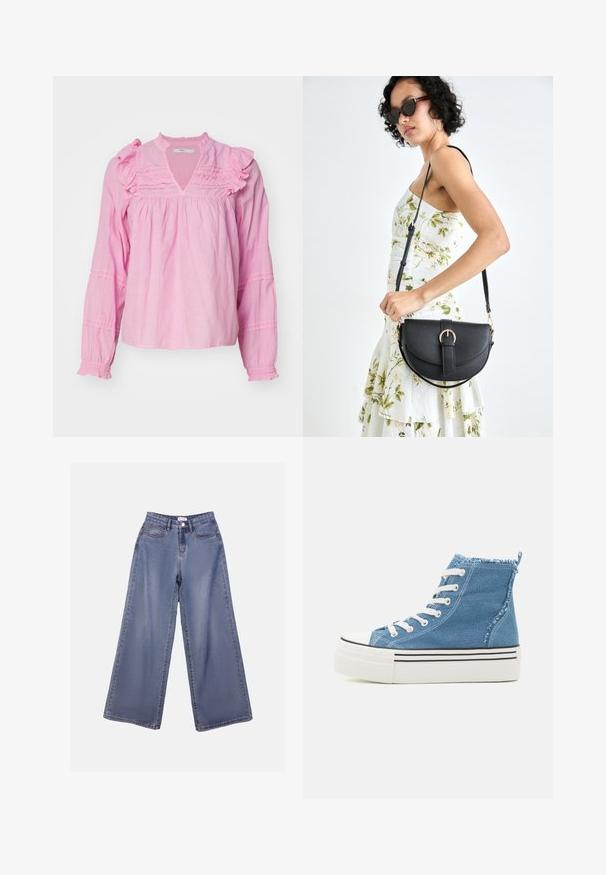 Rosa Bluse mit langen Ärmeln, die Rüschendetails, einen V-Ausschnitt und geraffte Details an den Ärmeln aufweist, hergestellt aus weichem, leichtem Stoff.; Weite Denim-Jeans in einer hellblauen Wäsche, mit hoher Taille, Fronttaschen und einem Knopfverschluss mit Gürtelschlaufen.; Hochschnitt-Sneaker aus hellblauem Denim mit weißen Schnürsenkeln. Verfügt über eine weiße Plattformsohle mit schwarzen Streifen und einem ausgefransten Knöchelkragen.; Schwarze Lederhandtasche mit geschwungener Form, abnehmbarem Tragegurt und goldenen Beschlägen. Die Tasche verfügt über einen Deckel mit einer Schnallen-Details.