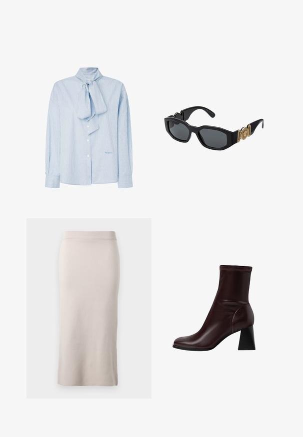 Light blue striped blouse with a bow tie collar, long sleeves, button closure, and a subtle logo in the lower right corner.; Knit pencil skirt in a light beige color, featuring a ribbed waistband, slim fit, and side slit for ease of movement. Soft texture, minimal design.; Stradivarius BLOCK - Classic ankle boots - dark red; Black sunglasses with a chunky geometric frame, dark lenses, and gold metal accents on the temples featuring a round emblem detail.; White leather handbag with gold hardware, a front flap, and black edging, featuring a chain strap worn crossbody against a light blue shirt.