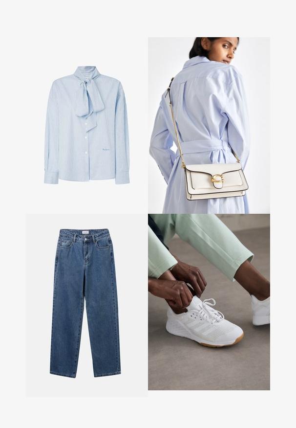 Gai zils slīdošs blūze ar loku sasienamu apkakli, garām piedurknēm, pogu aizdari un smalku logotipu apakšējā labajā stūrī.; Klasiskie zili džinsi ar taisnu kāju dizainu, pieciem kabatām un pogu aizdari. Iezīmējas ar vidēju mazgāšanu un izturīgu tekstūru.; Baltas sporta apavi ar acs audumu, gumijas zoli un trim svītrām dizainā. Šņores tiek regulētas; redzams gaiši pelēks un piparmētru zaļš apģērbs.; Balta ādas rokas soma ar zelta furnitūru, priekšējo vāciņu un melniem maliņām, ar ķēdes siksnu, kas valkāta pāri ķermenim pretī gaiši zilai krekliņam.