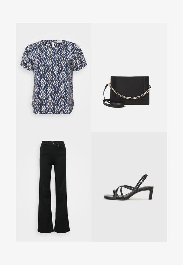 ONLY Carmakoma CARVICA LIFE NOOS - Camicetta - total eclipse; Jeans neri a zampa d'elefante realizzati in denim, con vita alta, cinque tasche e chiusura con bottone metallico. Texture liscia con dettagli minimi.; Sandalo nero con cinturini, dalla punta squadrata e tacco basso a blocco. Presenta diversi cinturini sottili e una cinturini regolabile alla caviglia. Realizzato in pelle liscia.; Borsa a tracolla nera in pelle con una texture liscia, forma rettangolare e dettaglio in catena metallica sul davanti. Inclusa una tracolla regolabile.