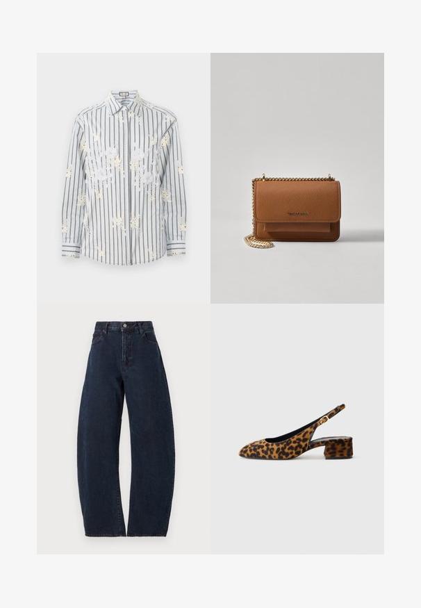 Világoskék csíkos gombos ing fehér virágmintás hímzéssel, hosszú ujjakkal és fekete kontrasztos részletekkel a mandzsettákon és a galléron.; Sötétkék farmer, magas derekú, bő szárú farmernadrág. Gombos záródással, öt zsebbel és finom textúrával rendelkezik. Nincsenek látható minták vagy díszítések.; Női leopárdmintás, csak hátsó pánttal rendelkező cipő, alacsony tömbsarkúval és arany csattal az oldalpánton, oldalsó profilban látható, sima háttéren.; Barna textúrájú bőr keresztbody táska arany lánc pánttal és fedélzárral. Az elején logó részlet és egy zseb található a fedél alatt.