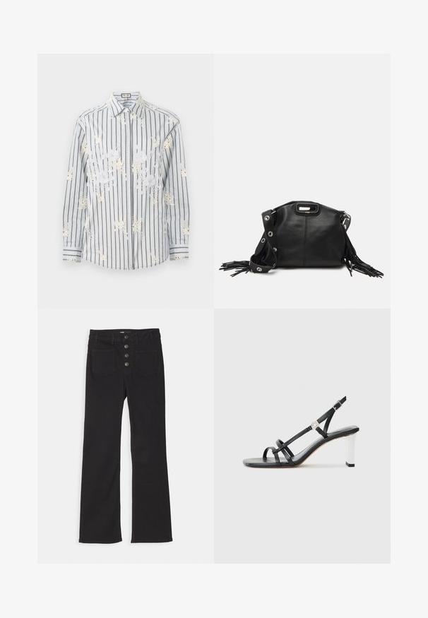 Šviesiai mėlynos dryžuotos marškinių suknelės su baltais gėlėmis siuvinėjimu, ilgomis rankovėmis ir kontrastingais juodais akcentais ant rankogalių ir apykaklės.; Juodi džinsai su plačiais klešniais, aukštu liemeniu, penkių kišenių dizainu ir priekiniais užtrauktukais, kuriuose yra keturi metaliniai mygtukai.; Juodi suknelės sandalai su keliais siaurais dirželiais, slingback dizainas ir sidabro akcentu ant kulno. Lygus viršutinis medžiagos paviršius ir kvadratinis kulnas.; Maje MISS MINI - Rankinė per petį - noir