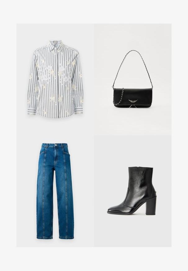 Cămașă button-up cu dungi albastre deschise, brodată cu flori albe, cu mâneci lungi și accente contrastante negre la manșete și guler.; Jeans din denim albastru cu talie înaltă, cu picioare largi, cusături verticale frontale, buzunare laterale, bucle pentru curea și închidere cu nasture.; Botină din piele neagră, cu o textură netedă, vârf ascuțit și toc gros, înalt. Dispune de o deschidere laterală și un design minimalist.; Geantă de mână din piele neagră cu un lanț din argint, având accente decorative în formă de aripi și cusături albe de-a lungul cusăturii de jos.
