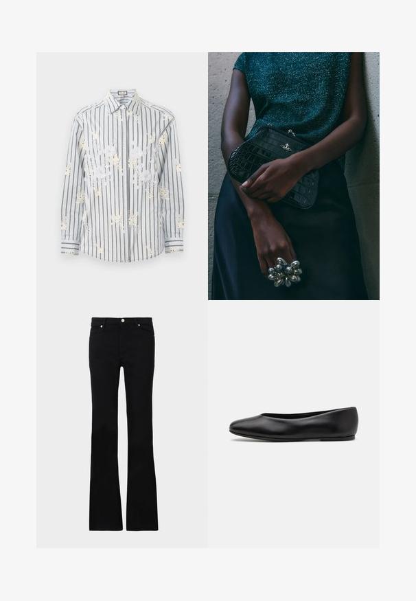 Jasnoniebieska, w paski koszula zapinana na guziki z białymi haftami kwiatowymi, długimi rękawami oraz kontrastującymi czarnymi akcentami przy mankietach i kołnierzyku.; Czarne dzwony z denimu, z dwoma przednimi kieszeniami, zapięciem na guzik i gładką fakturą. Widoczne charakterystyczne szycie na szwach.; Paul Smith TOPANGA czarny; Czarna kopertówka w wzór krokodyla z srebrnymi akcentami, trzymana na szarym, teksturowanym tle. Posiada błyszczącą powierzchnię.