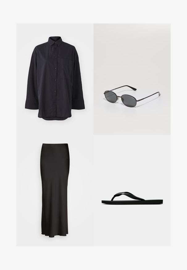 Camicia nera con bottoni realizzata in tessuto morbido, con colletto classico, maniche lunghe, taschino sul petto e orlo curvo.; Gonna in satin nera, lunga fino al pavimento, con una texture liscia, vita aderente e silhouette a forma di A, priva di decorazioni visibili o fantasie.; Infradito in gomma nera con cinturino testurizzato e suola piatta semplice, mostrati di lato su uno sfondo chiaro e uniforme.; Occhiali da sole neri a forma ovale con lenti scure, montatura in metallo sottile e tempie dritte. Presentano il logo del marchio sulla parte interna della stanghetta e i cuscinetti per il naso.