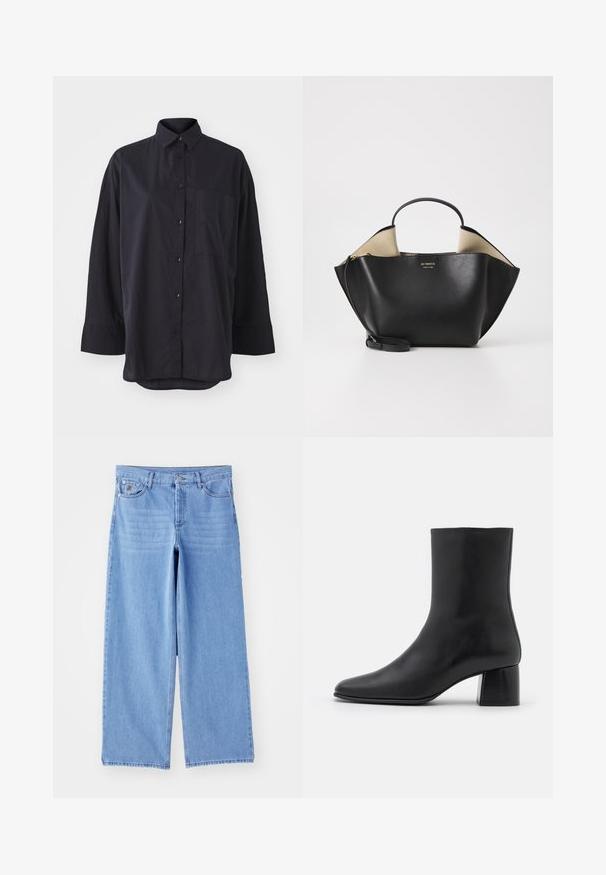 Juodas mygtukų užsegamas marškinis, pagamintas iš minkštos medžiagos, su klasikiniais atlapais, ilgomis rankovėmis, krūtinės kišene ir išlenktu apatine dalimi.; Juodas ilgų rankovių marškinėlis, pagamintas iš minkštos medžiagos, su apykakle ir laisvu siluetu, su šoninėmis sklendėmis apačioje, kad būtų lengviau judėti.; Šviesiai mėlyni plačių kojų džinsai pagaminti iš denimo, turintys klasikinį penkių kišenių dizainą ir mygtukų užtraukimą. Lygi tekstūra, nutrintas apatinis kraštas.; Juodas odinis kulkšninis botas su smailiu pirštu ir masyviu kvadratiniu kulnu. Lygus paviršius be siūlių ir minimalizmu išsiskiriantis dizainas.; Ree Projects ANN TOTE MINI - Rankinė - black; Sidabriniai perlų auskarai su kreivai suformuota pupelės forma. Lygus, blizgus paviršius, uždaromi segtuku ir atgaline fiksacija.