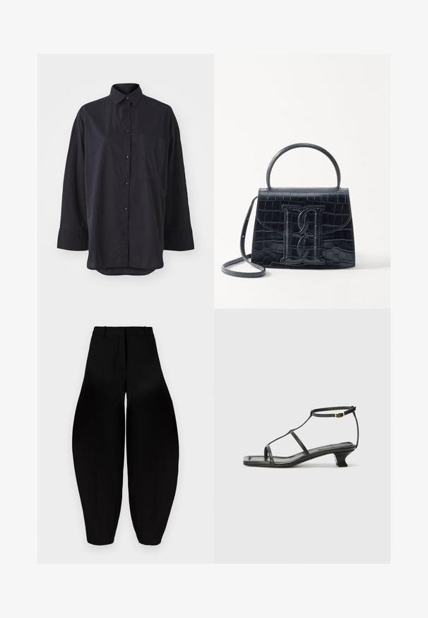 Black button-up shirt made of soft fabric, featuring a classic collar, long sleeves, a chest pocket, and a curved hem design.; Black wide-leg trousers with a high waist, pleated front, and tapered ankles. Made from smooth fabric with a matte finish.; Black leather sandal with a square toe, thin straps, adjustable ankle strap, and a low heel. Features a small gold accent on the strap.; Black crocodile-embossed leather handbag with a structured design, top handle, adjustable strap, and a prominent front logo detail.