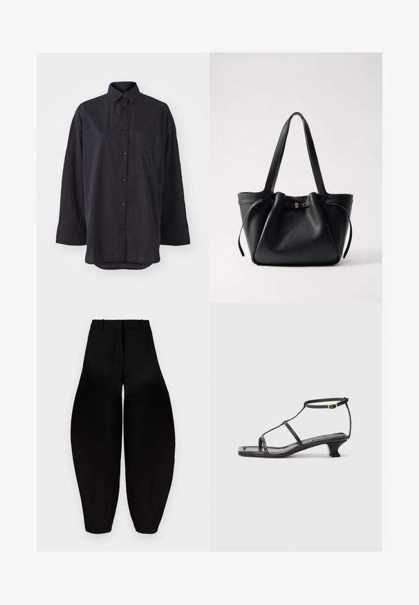 Czarna koszula z długim rękawem, uszyta z miękkiej tkaniny, z klasycznym kołnierzykiem, kieszenią na piersi oraz zaokrąglonym dołem.; Czarne spodnie o szerokich nogawkach z wysokim stanem, z plisowanym przodem i zwężanymi kostkami. Wykonane z gładkiego materiału o matowym wykończeniu.; Czarne skórzane sandały z kwadratowym noskiem, cienkimi paskami, regulowanym paskiem przy kostce i niskim obcasem. Oferują mały złoty akcent na pasku.; Czarna skórzana torba tote z dwoma długimi ramiączkami, ściąganym topem i złotym okrągłym akcentem. Gładka tekstura i minimalistyczny design.