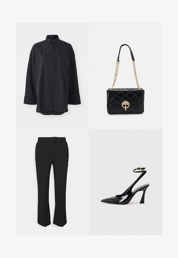 Czarna koszula z długim rękawem, uszyta z miękkiej tkaniny, z klasycznym kołnierzykiem, kieszenią na piersi oraz zaokrąglonym dołem.; Czarne, dopasowane spodnie o prostym kroju, z pętelkami na pasek i kieszeniami po bokach. Wykonane z gładkiego materiału o czystym wykończeniu.; Czarne lakierowane szpilki slingback na wysokim obcasie z wydłużonym noskiem, regulowanym paskiem na kostce i umiarkowanym obcasem w kształcie bloku. Gładka struktura z błyszczącym wykończeniem.; Czarna pikowana skórzana torebka z złotym łańcuchem, z okrągłym zapięciem. Kompaktowy prostokątny kształt o gładkiej fakturze.