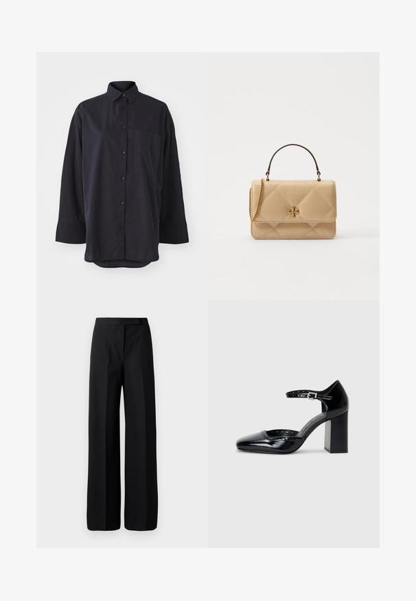 Camisa negra de botones confeccionada en una tela suave, con un cuello clásico, mangas largas, un bolsillo en el pecho y un diseño de dobladillo curvado.; Pantalones negros de pierna ancha con una textura suave y mate. Cintura plana sin herrajes visibles ni patrones. Diseño simple y elegante.; Zapatos de charol negro de tacón alto con punta cuadrada, correa en el tobillo y tacón grueso. Incluye detalles perforados a lo largo del borde.; Bolso de mano de cuero acolchado en beige con herrajes dorados, cadena y asa superior. Presenta una tapa en la parte frontal y un detalle de logotipo distintivo.