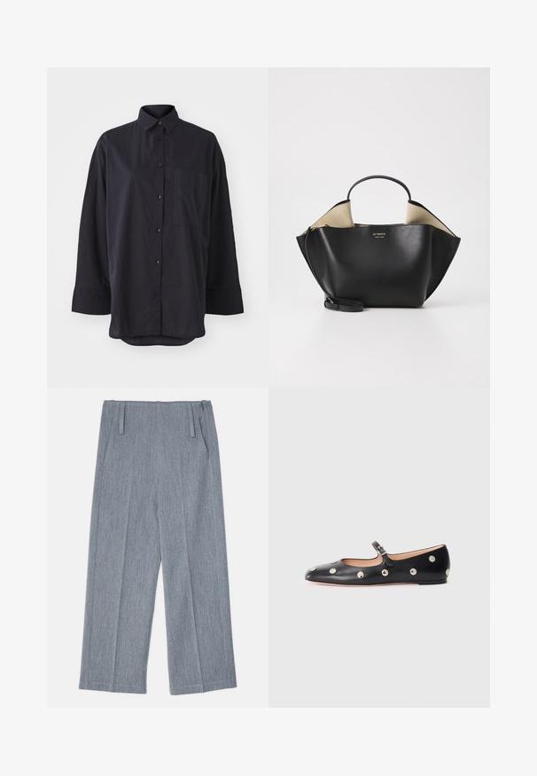 Camisa negra de botones confeccionada en una tela suave, con un cuello clásico, mangas largas, un bolsillo en el pecho y un diseño de dobladillo curvado.; Pantalones de pierna ancha en gris claro, hechos de una tela texturizada, que presentan dos pliegues frontales y dos bolsillos laterales. Diseño limpio y a medida.; Zapato plano tipo Mary Jane de cuero negro con punta redonda, adornado con tachuelas circulares plateadas y una correa ajustable con hebilla.; Ree Projects ANN TOTE MINI - Bolso de mano - black