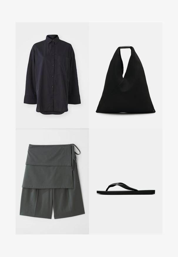 Camică neagră cu nasturi, realizată dintr-un material moale, având un guler clasic, mâneci lungi, un buzunar pe piept și un design cu tiv curbat.; Șorturi unisex de culoare gri închis cu un design stratificat, având un panou superior și șnururi pe laturi. Confecționate dintr-un material neted și ușor.; Sandala flip-flop din cauciuc negru, cu un bretele texturat și o talpă simplă și plată, prezentată din lateral pe un fundal simplu și deschis.; Geantă tote din material textil negru, cu un design unic în formă de V și o textură netedă. Dispune de un manșon scurt cu detalii hardware minimaliste.