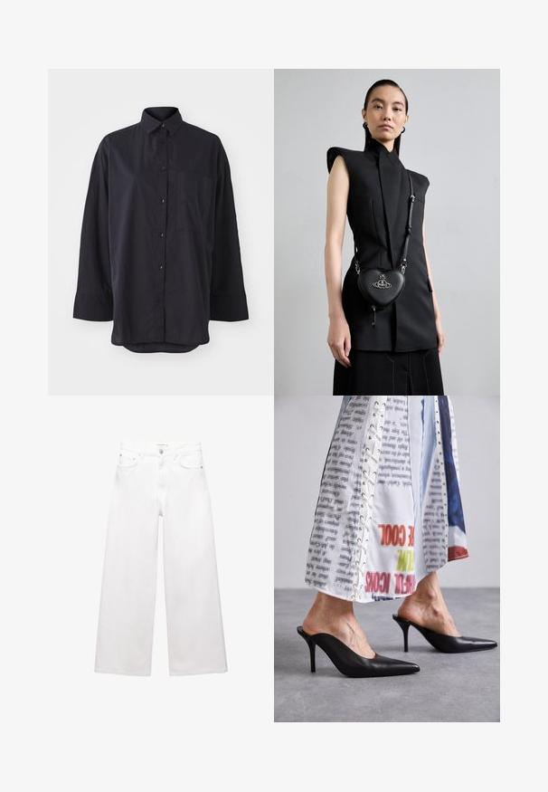 Crna košulja dugih rukava od mekog materijala, s klasičnom ovratnikom, prsnom džepom i zakrivljenim rubom.; Dijelovi bijelih širokih traperica od pamuka, sa visokim strukom, dizajnom s pet džepova i okovom od mjedi. Glatka, neizblijedjela tekstura.; Crne kožne mule s oštrim vrhom i stiletto potpeticom, u paru s bijelim komadom odjeće s uzorkom koji ima detalje s vezanjem.; Crna bezrukavna majica sa strukturiranim ramenima, u paru s crnom kožnom torbicom u obliku srca koja ima srebrnu opskrbu i detalj s logom.