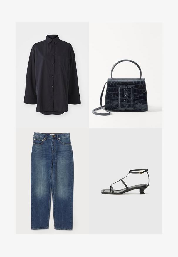Černá košile na knoflíky vyrobená z měkké látky, s klasickým límcem, dlouhými rukávy, náprsní kapsou a zakřiveným lemem.; Modré džíny s vysokým pasem, rovnými nohavicemi, předními a zadními kapsami, poutky na opasek, zapínáním na knoflík a jemným zesvětlením na nohavicích.; Černá kožená sandál s čtveratou špičkou, tenkými popruhy, nastavitelným kotníkovým popruhem a nízkým podpatkem. Obsahuje malý zlatý akcent na popruhu.; Černá kabelka z krokodýlí kůže s embosovaným vzorem, strukturovaným designem, horním uchycením, nastavitelným popruhem a výrazným logem na přední straně.