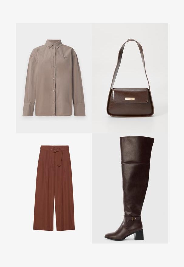 Kergelt pruunist puuvillast nööpidega särk, millel on krae, pikad varrukad ja esine nööpide sulgemine. Omab tikandiga detaile ja logo.; Küljed on laiad pruunidest kangast püksid, millel on ruudukujuline pandla ja pleeditud disain, samuti sile tekstuur.; Tumepruun kuni kõrge saapad plokknõela ja dekoratiivse rihmamustriga külgedel, esitatud selge heleda taustaga.; Pruun nahast õlalina, millel on struktureeritud kuju, magnetist klapiga sulgemine ja esiküljel metallne logo aksessuaar.