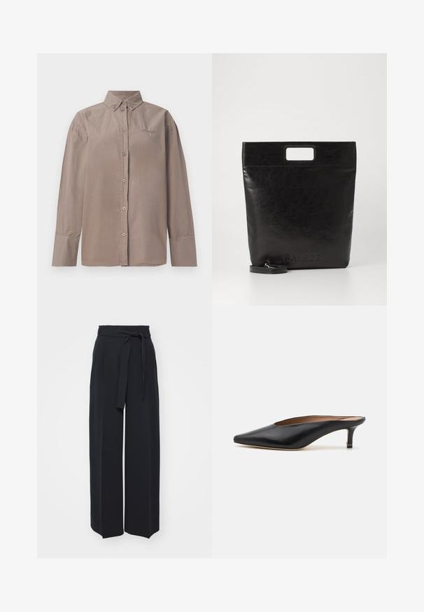 Lichtbruine katoenen overhemd met knoopsluiting, kraag en lange mouwen. Beschikt over gestikte details en logo.; Zwarte wijde broek van zachte stof. Voorzien van een ceintuur en plooien aan de voorkant. Glad textuur met een strakke, hedendaagse stijl.; Zwarte leren muiltjes met een puntige neus en een lage, blokhak. Glad oppervlak met een gestroomlijnd ontwerp. Open achterkant met minimale details.; Zwarte leren draagtas met een vierkant handvat, met een gestructureerde afwerking en een reliëflogo. Inclusief een afneembare schouderband.