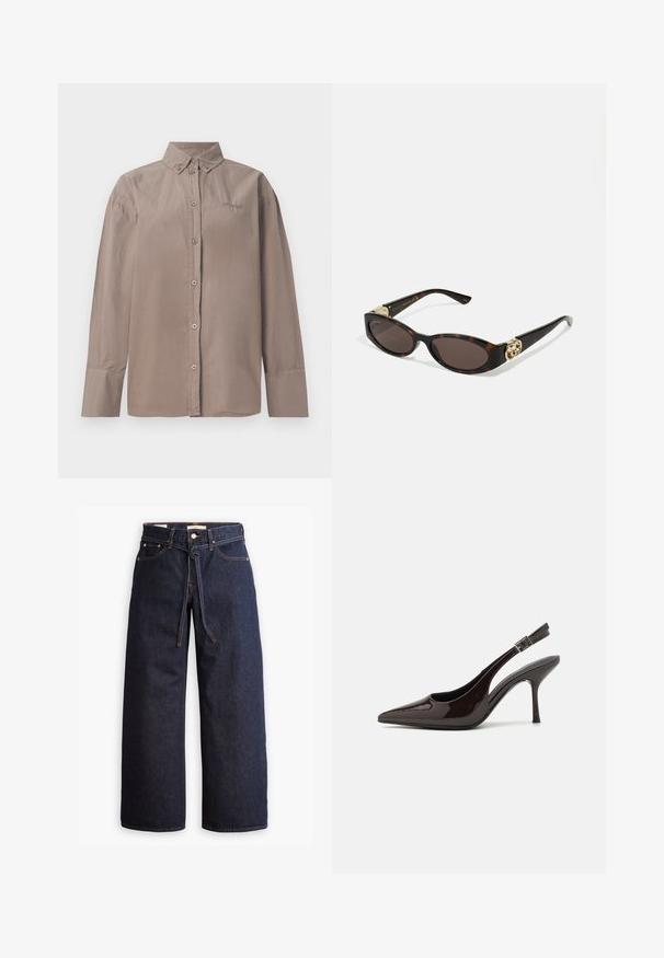 Button-up shirt in light brown cotton with a collar, long sleeves, and a front button closure. Features stitched detailing and logo.; Wide-leg dark blue denim jeans with a high waist, featuring a drawstring tie, five pockets, and contrasting stitching details.; Slingback high-heeled shoe in glossy dark brown patent leather, pointed toe, open sides, and adjustable ankle strap.; Tortoiseshell sunglasses with elongated oval lenses, brown tint, gold logo accents on temples, and sleek black arms.