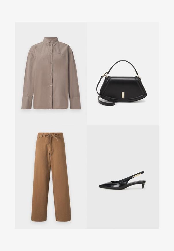 Camicia button-up in cotone marrone chiaro con colletto, maniche lunghe e chiusura con bottoni frontale. Presenta dettagli cuciti e logo.; Pantaloni larghi marroni in cotone, con vita elasticizzata e due tasche frontali. Tessuto strutturato con una finitura liscia.; Tacchi slingback in pelle nera con punta affusolata, caratterizzati da un tacco alto e un accento dorato sulla cinghia regolabile. Texture liscia.; Borsa a mano in pelle nera con un design strutturato, caratterizzata da una forma corta, manico superiore e accessori in metallo dorato. Inclusa tracolla regolabile.